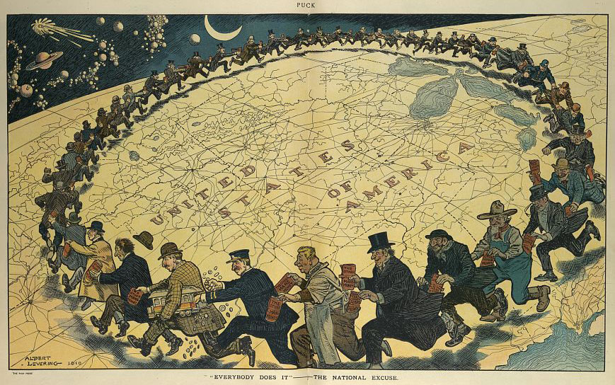 "'Everybody does it" - the national excuse" by Albert Levering in Puck, 1910.