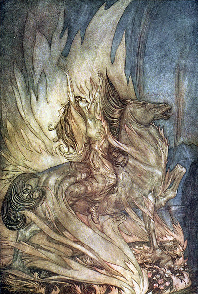 Brünnhilde on the horse Grane rides onto Siegfried’s funeral pyre.