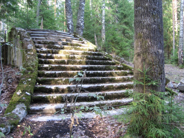 A staircase, the only remains, of Balanchine's home in Finland. Photograph by Elizabeth Kendall.