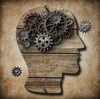 Human brain work metaphor made of rusty metal gears