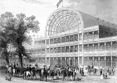 The front entrance of the Crystal Palace, Hyde Park, London that housed the Great Exhibition of 1851, the first World's Fair.
