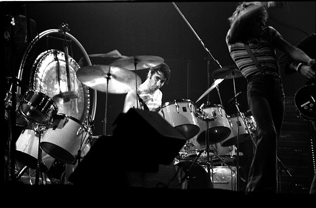 Keith Moon on drums. The WHO, MLG, Toronto, 21 October 1976. photo by Jean-Luc. Creative Commons License via Wikimedia Commons