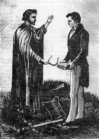 The Angel Moroni delivering the Golden Plates to Joseph Smith in 1827. From Reminiscences of Joseph the Prophet, by Edward Stevenson, Salt Lake City 1893. Public domain via Wikimedia Commons.