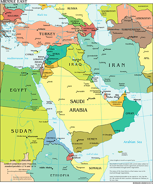 Map of the Middle East from the CIA World Factbook. Public domain via cia.gov.