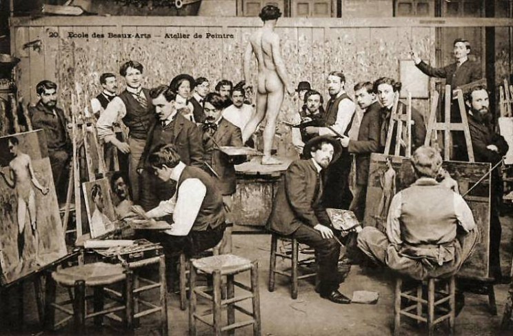 Students painting ‘from life’ at the École des Beaux-Arts, Paris. Late 1800s.