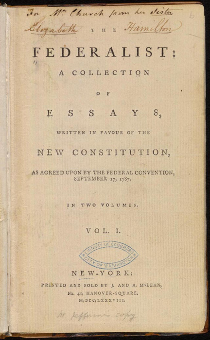 Title page of the first printing of the Federalist Papers, 1788.