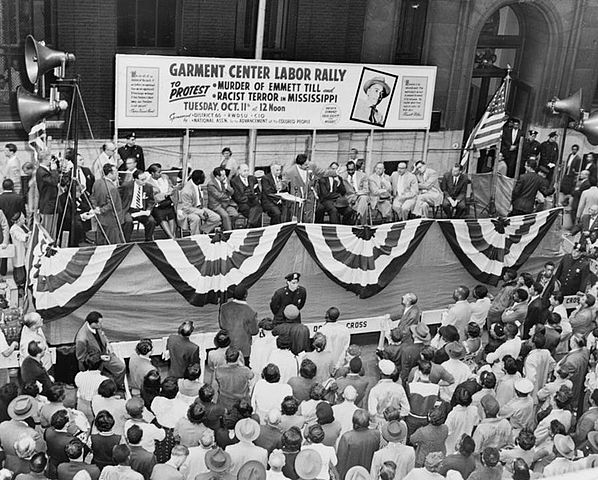 Street rally in New York City, October 11, 1955, under joint sponsorship of NAACP and District 65, Retail, Wholesale and Department Store Workers Union in protest of slaying of Emmett Till. Public domain via Library of Congress.