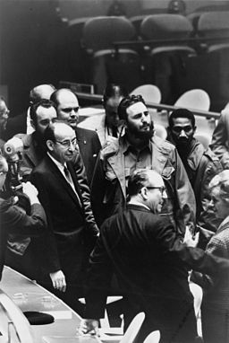 Fidel Castro, president of Cuba, at a meeting of the United Nations General Assembly, 22 September 1960. Photo by Warren K. Leffler for the U.S. News and World Report. Public domain via Wikimedia Commons.