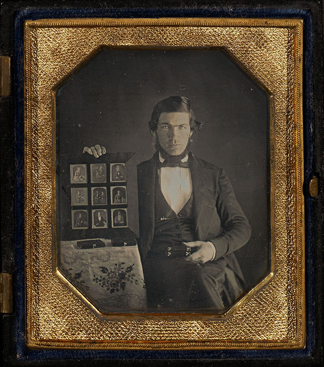 Unknown maker, American, daguerreotypist Portrait of Unidentified Daguerreotypist, 1845, Daguerreotype, hand-colored 1/6 plate Image: 6.7 x 5.2 cm (2 5/8 x 2 1/16 in.) Mat: 8.3 x 7 cm (3 1/4 x 2 3/4 in.) The J. Paul Getty Museum, Los Angeles