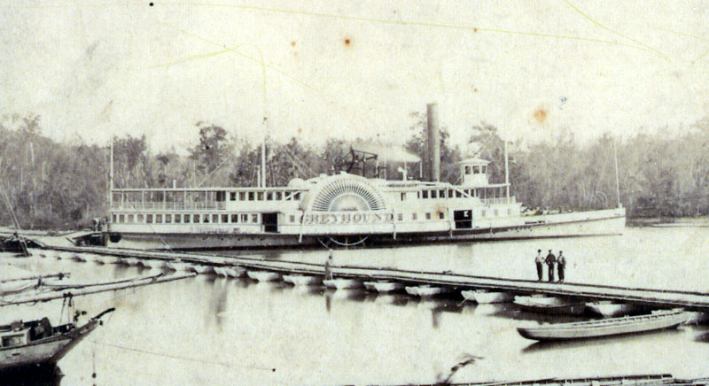 Photograph of the sidewheeler Greyhound. The original photograph is at the Mariners Museum in Newport News, Virginia. As the Greyhound was destroyed in November, 1864, this photograph is at least 140 years old. Public domain via Wikipedia.