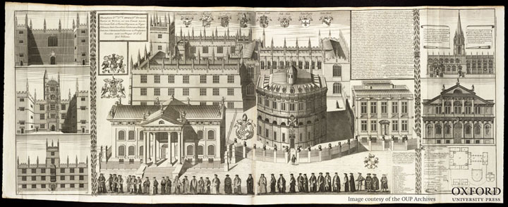 The University processes in fron of the Sheldonian Theatre and Clarendon Printing House, 1733 (William Williams, Oxonia depicta, plate 6). 