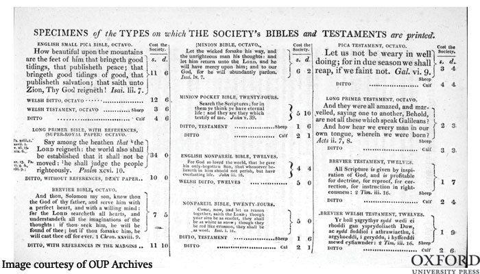 Variety of typefaces and sizes used in BFBS bibles and new testaments 'Reports of the British and Foreign Bible Society; with Extracts of Correspondence', fifth volume for the years 1818 and 1819 (By kind permission of Cambridge University Library, 215 x 130 mm).