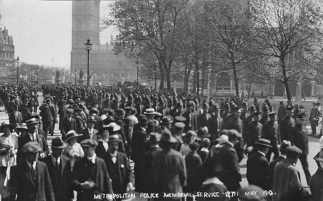 Fallen London Police, 17 May 1919 in Parliament Square. CC BY-SA Leonard Bentley via Filckr