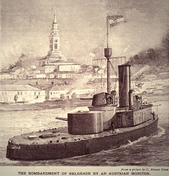 The bombardment of Belgrade by Austro-Hungarian monitor. By Horace Davis. Public domain via Wikimedia Commons