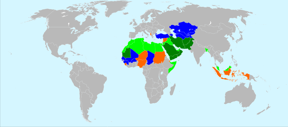 Islamic states (dark green), states where Islam is the official religion (light green), secular states (blue) and other (orange), among countries with Muslim majority. CC BY-SA 3.0 via Wikimedia Commons.