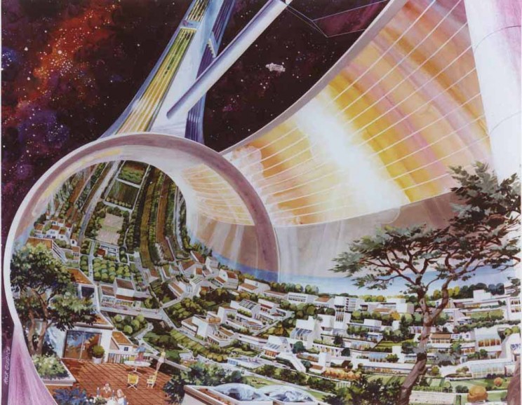 Space advocates in the 1970s envisioned a near future of Mars missions and permanent space colonies, like the one pictured here. With public and political support dwindling, however, NASA had to settle for the technologically impressive but much less ambitious shuttle program. Courtesy NASA Ames Research Center. 