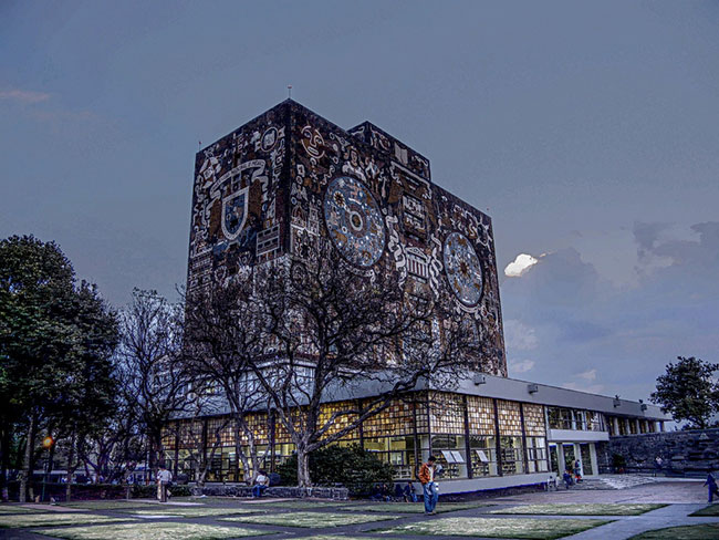 The central library of Universidad Nacional Autónoma de México. by Maximiliano Monterrubio. CC-BY-2.0 via Wikimedia Commons.