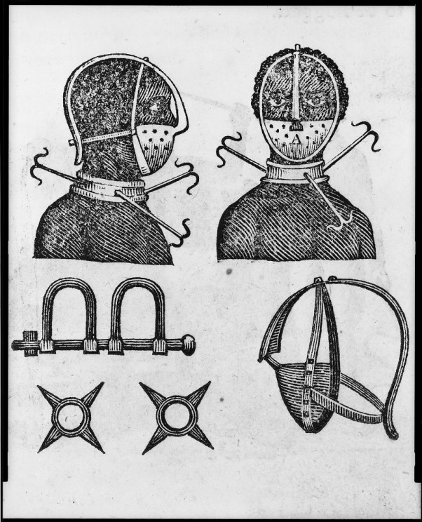 Iron mask, collar, leg shackles and spurs used to restrict slaves. Illus. in: The penitential tyrant / Thomas Branagan. New York : Samuel Wood, 1807. Library of Congress Rare Book and Special Collections Division 