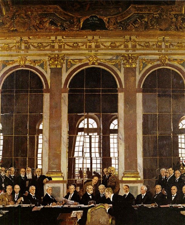 The Signing of Peace in the Hall of Mirrors, Versailles, 28th June 1919 by William Orpen. Imperial War Museum. Public domain via Wikimedia Commons. 