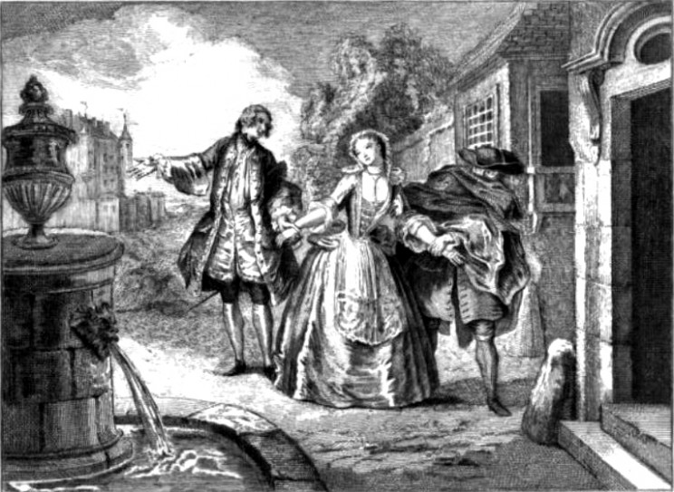 Front page of L'École des femmes—engraving from the 1719 edition. Public domain via Wikimedia Commons.