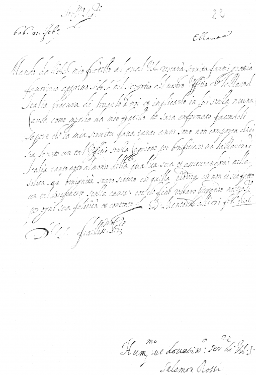 Letter that Salamone Rossi wrote on behalf of his brother Emanuele (21 February 1606); fair copy, with the close and signature in Rossi’s own hand. Archivio Storico, Archivio Storico, Mantua.