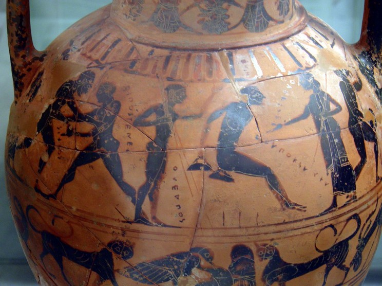 A competitor in the long jump, Black-figured Tyrrhenian amphora showing athletes and a combat scene, Greek, but made for the Etruscan market, 540 BC, found near Rome, Winning at the ancient Games, British Museum. Photo by Carole Raddato. CC BY-SA 2.0 via Wikimedia Commons.