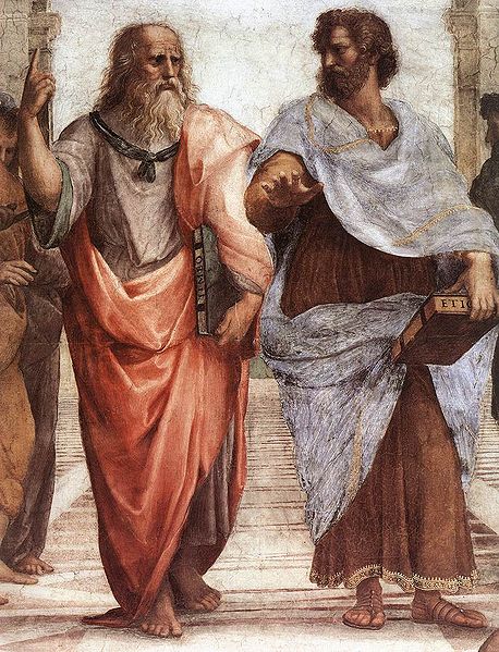 Plato and Aristotle, from the Palazzo Pontifici, Vatican. Public domain via Wikimedia Commons.