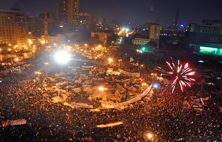 Tahrir Square on February11 by Jonathan Rashad. CC-BY-2.0 via Wikimedia Commons.