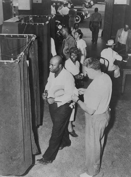 Voters at the Voting Booths. ca. 1945. NAACP Collection, The African American Odyssey: A Quest for Full Citizenship, Library of Congress. Public domain via Wikimedia Commons.