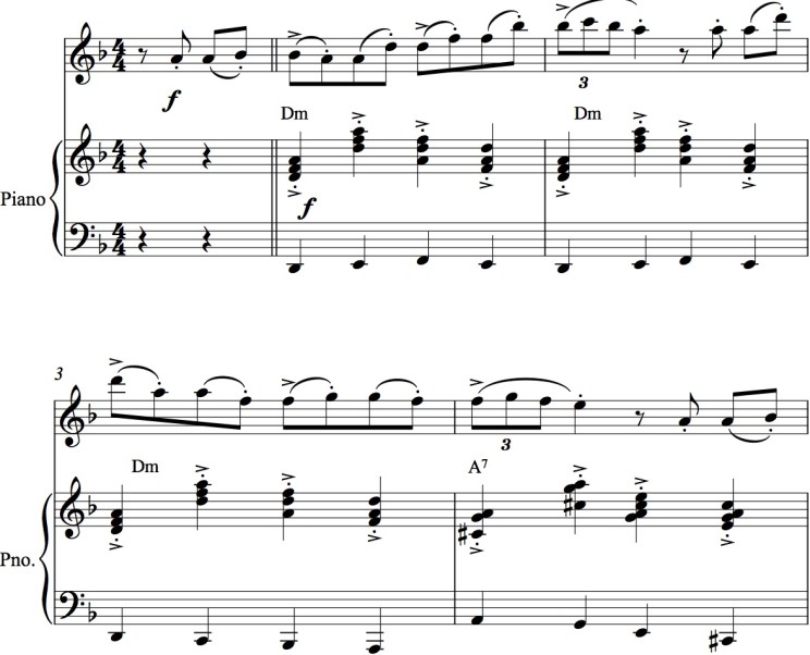 “El choclo” by Ángel Villoldo (1861–1919), mm. 1-4, with marcato piano accompaniment arrangement.“El choclo” by Ángel Villoldo (1861–1919), mm. 1-4, with marcato piano accompaniment arrangement.