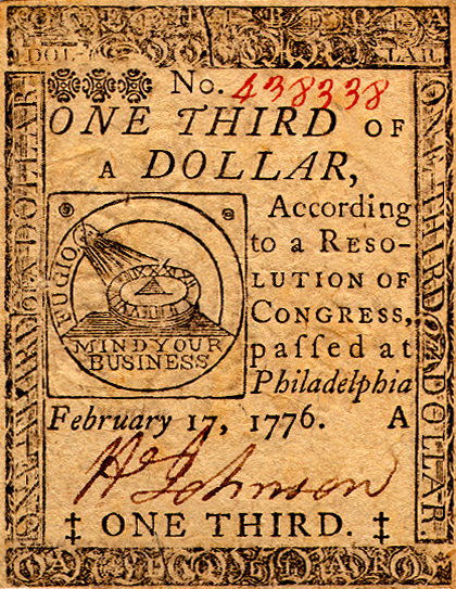 Continental Currency 1/3-Dollar, Obverse by Benjamin Franklin (1706-1790). Public domain via Wikimedia Commons.