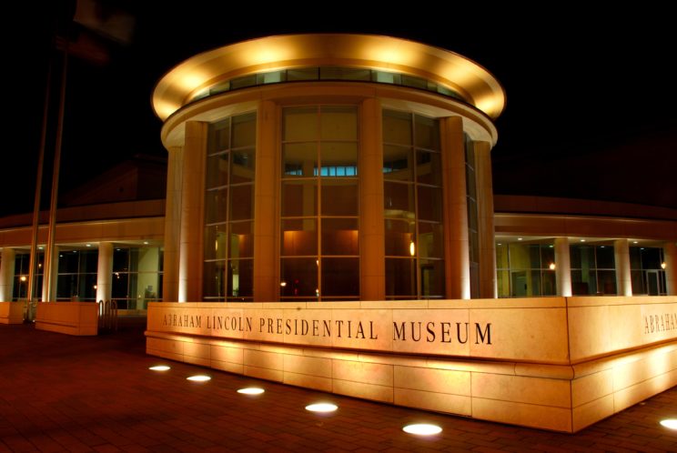 Photo of the Abraham Lincoln Presidential Library. "Museum Night (2)" photo by Hannah Ross. Used with permission.