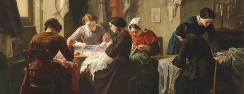 Oil painting of a group of women sewing