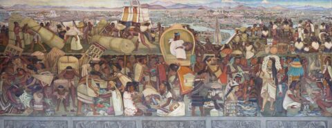 The Great City of Tenochtitlan by Diego Rivera, illustrating the blog post "The heavy burden of the past: the history of the conquest of México and the politics of today" by Stefan Rinke on the OUP blog