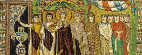 Mosaic of Theodora in the Basilica of San Vitale, Belisarius and Antonina stand on either side of the Empress Theodora