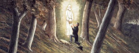 C.C.A. Christensen's painting of Joseph Smith kneeling to receive the Golden Plates from the Angel Moroni at the Hill Cumorah