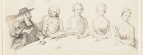 Drawing in the Royal Collection, attributed to William Hogarth but possibly by Phillipe Mercier, depicts a game of hazard.