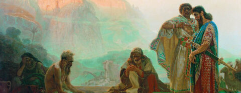 Painting of biblical figure Job and his friends in front of a mountain range.