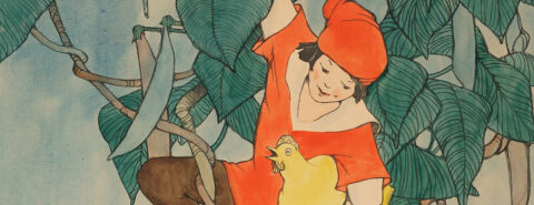 Image of Jack & the Beanstalk. Jack climbing down the beanstalk with a golden hen in his hands.