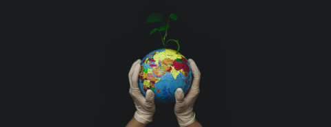 Gloved hands hold a colorful globe with a small green plant sprouting from the top, against a black background.