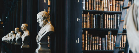 Bust sculptures lined with books on black wooden shelves in a library.