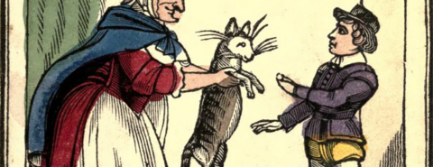 Vintage illustration of Dick Whittington purchasing a cat from a woman.